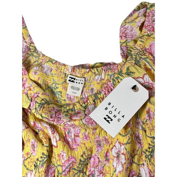 BILLABONG Be My Babe Crop Top Sz L Yellow Floral Bell Sleeve Square Neck Viscose - Picture 11 of 11